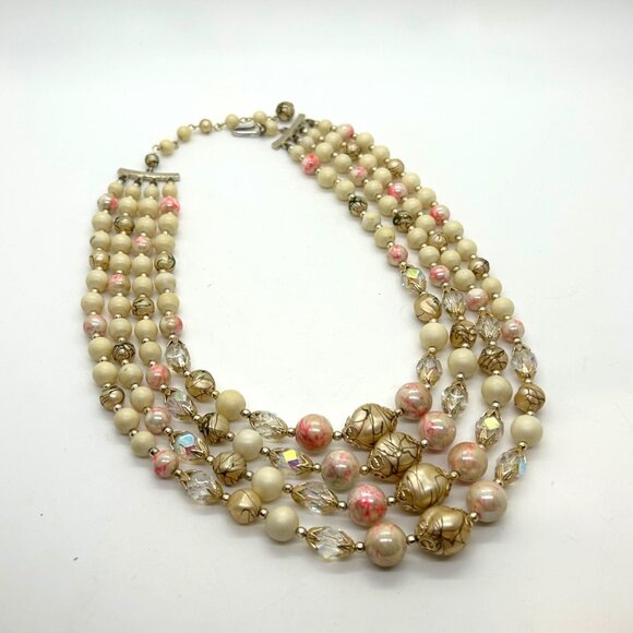 Vintage 4-Strand Japan Necklace Pink Swirled Beads Glass Acrylic Gold-Tone 1950s - Picture 9 of 16